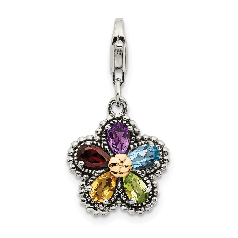 Ss W 14k Antqud Amethyst Citrine Blue Topaz Peridot Garnet Gemstone Flower Charm